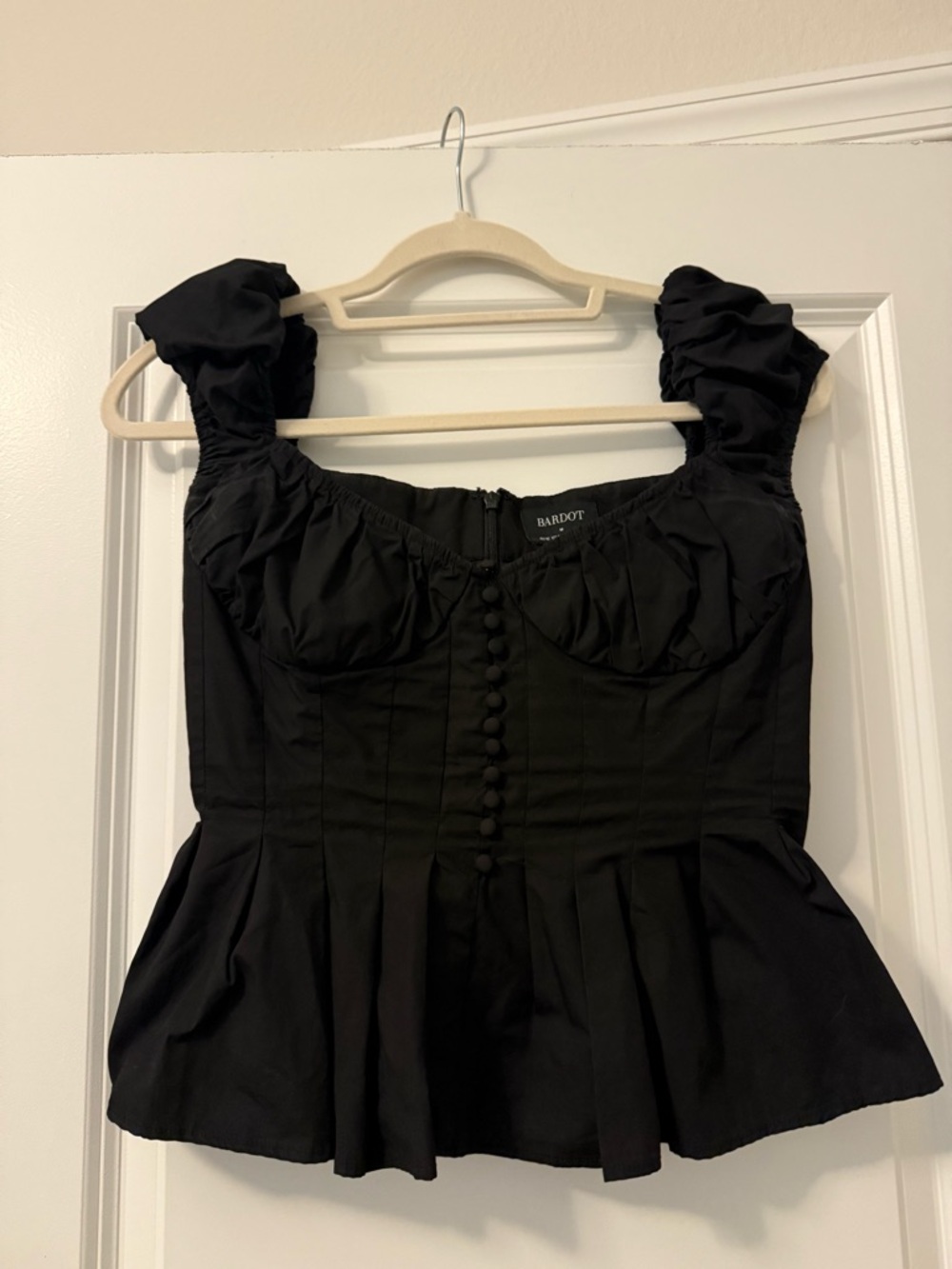 Bardot Larna Black Button-Front Peplum Top with Ruffle Straps